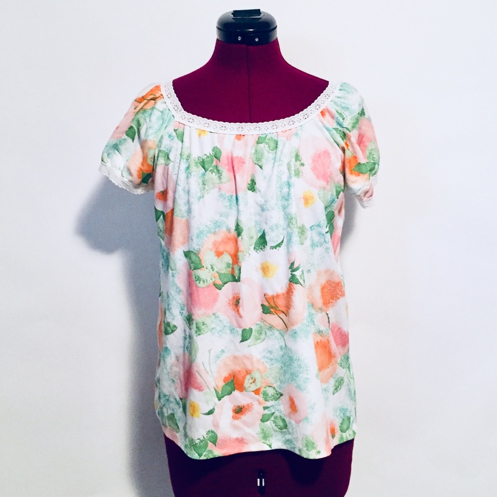Vintage Tunic Top Blouse Floral Water Color S M